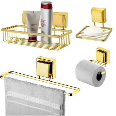 Imagem de Kit Banheiro Suporte Porta Shampoo Papel Higiênico Saboneteira Toalheiro 25cm Ventosa Dourado - Future