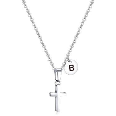 Imagem de AILAAILA Colar com cruz para crianças, meninos, inicial, adolescentes, pingente de cruz de aço inoxidável, minimalista, presente de Páscoa, presente de Natal, primeira comunhão, presentes de batismo