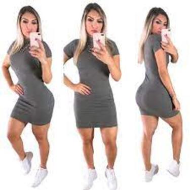 Imagem de Vestido feminino curto gola alta manga curta malha canelado com elasta