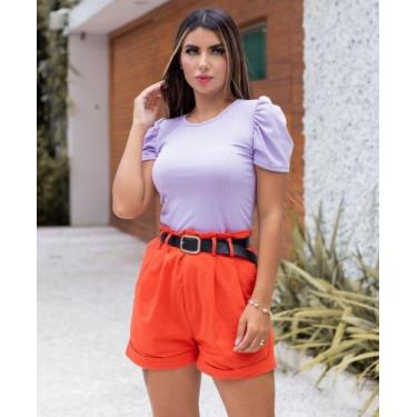Imagem de Blusa feminina manga princesa bufante curta malha canelada gola rasa -