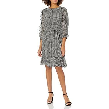 Imagem de Calvin Klein Vestido feminino de manga comprida com estampa frontal, Xadrez preto/branco, 46