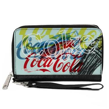 Imagem de Carteira Coca-Cola, zíper ao redor, logotipos de coca-cola e garrafa pop art branca multicolorida, couro vegano