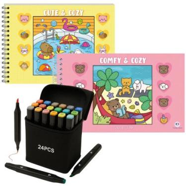Imagem de LIVRO Comfy E Cozy Pink Cute e Cozy Amarelo para Colorir com 24 Caneta