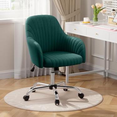 Imagem de Warmiehomy Cadeira de mesa de veludo para escritório em casa, cadeira giratória ajustável, cadeiras modernas para computador com descanso de braço para quarto, sala de estar, sala de maquiagem, verde