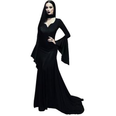 Imagem de UQJE Vestido feminino Morticia Addams vestido maxi gótico cosplay Halloween vestido longo preto vintage, Preto, M