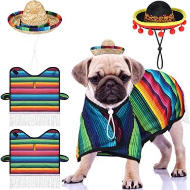 Imagem de 4 peças chapéu sombrero para cães fantasia poncho serape poncho roupas engraçadas para cães chapéu sombrero ajustável para animais de estimação serape poncho multicolorido cão Poncho Cinco De Mayo Roupa de cachorro para decorações de festa mexicana (tamanho P)