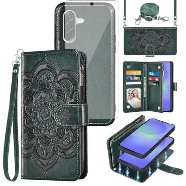 Imagem de Capa de celular para Samsung Galaxy A56 5G carteira com zíper destacável com protetor de tela de vidro temperado alça transversal flor flip porta-cartão slot A 56 56A LTE mulheres meninas verde escuro