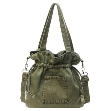 Imagem de Bolsa de ombro jeans feminina de lona, bolsa transversal, estética, grande, jeans, bolsa mensageiro, bolsas Hobo com cordão, Verde, Free