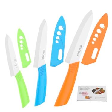 Imagem de Conjunto de facas de cerâmica WACOOL com 3 peças (inclui faca de cozinha de 15 cm, faca utilitária de 12,7 cm e faca de descascar de frutas de 10 cm), com 3 bainhas de faca para cada lâmina, Multicor
