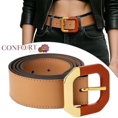 Imagem de Cinto Feminino Confortável Couro Nude Fivela Laranja Banhada Moda - GR