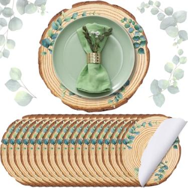 Imagem de Tinlade 100 peças de jogo americano descartáveis de papel de madeira, tapetes de folhas de eucalipto, fatias rústicas redondas para verão, primavera, outono, jantar, campo, fazenda, mesa, mesa, festa