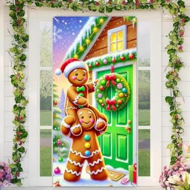 Imagem de BlissYard Faixa de porta de Feliz Natal de gengibre, 89 x 189 cm, placa de boas-vindas de inverno com flocos de neve, guirlanda de doces e chapéu de Papai Noel, para decoração de parede interna e