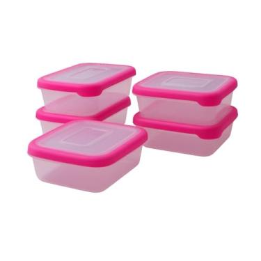 Imagem de Kit 5 Potes Plásticos Marmita 500ml Retangular com Tampa Vedação Hermética Freezer e Micro-ondas Armazenamento Fitness Lanches Frutas Alimentos Durável Original Rosa