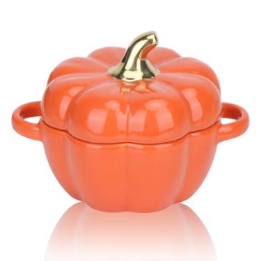 Imagem de Tigela de abóbora, 680 g, ramequins de abóbora de cerâmica com tampas e alça, forno holandês para assar e servir, panelas de caçarola para festa de Ação de Graças de Halloween (laranja)