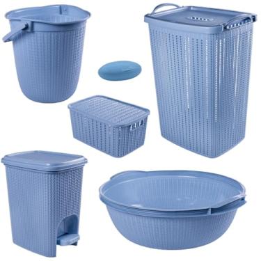 Imagem de Kit 6 Peças Cesto de roupas Bebê Trama Plasútil Bacia Balde Lixeira saboneteira infantil (Azul)