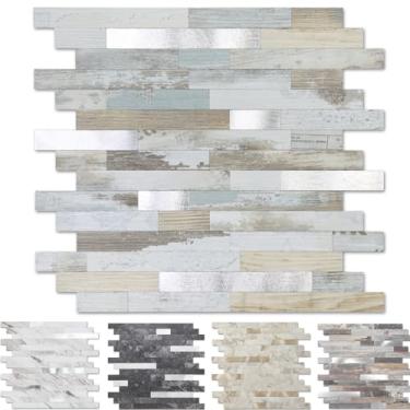 Imagem de Yipscazo 20 folhas de revestimento de azulejo de metal de pedra, cole em azulejos para cozinha, banheiro, lavanderia, acampamento, lareira (30 x 30 cm, madeira branca com metal)