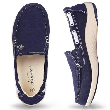 Imagem de Tênis feminino sem cadarço – Mocassim casual com suporte de arco – Tênis ortopédico de lona para fascite plantar com sola de borracha antiderrapante, Azul marino, 38