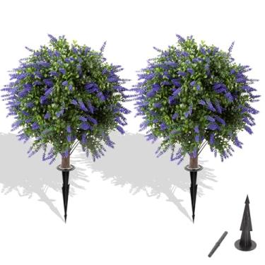 Imagem de PRIMAISON Bola de topiária de buxo artificial, conjunto de 2 arbustos falsos de lavanda com espigão, arbustos de vegetação sintética resistentes a UV, plantas artificiais para decoração externa de