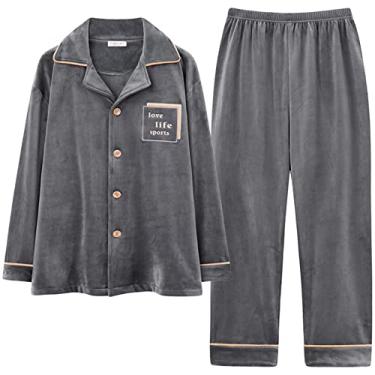 Imagem de ifgswopq Conjunto de pijama masculino de lã coral de manga comprida, conjunto de botões, conjunto de roupa de dormir quente grosso para inverno (E78502 X)