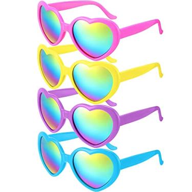 Imagem de 4 pares de óculos de sol em forma de coração para mulheres, arco-íris, espelhados, grandes, retrô, com bolsa de flanela de pano para óculos, Cores brilhantes, One Size
