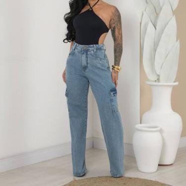 Imagem de Calça Cargo Jeans Feminina Com Bolso Lateral - SELLERPRIMIUM, Lavagem 