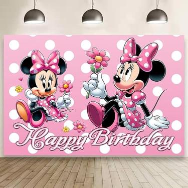 Imagem de Decoração de aniversário da Minnie, pano de fundo de faixa de feliz aniversário da Minnie para crianças (1,5 x 0,9 m)