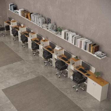 Imagem de Conjunto De Escritório Tech 6 Livreiro 1 Buffet E 7 Mesas 90 - Off White E Cedro Off White E Cedro