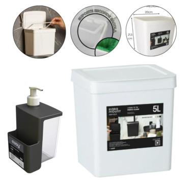 Imagem de Kit Dispenser 500Ml E Lixeira De Pia Cozinha 5 Litros Branca