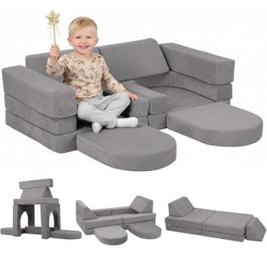 Imagem de MeMoreCool Sofá infantil para sala de jogos, sofá modular de 10 peças, sofá infantil conversível de veludo cotelê, conjunto de construção de forte de espuma para móveis de quarto de criança, cinza