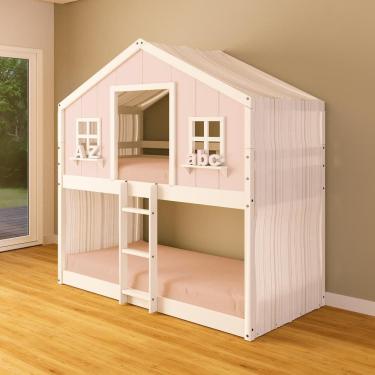 Imagem de Beliche Montessoriano Casinha dos Sonhos com Cortina Madeira Maciça Rosa/Branco Housin