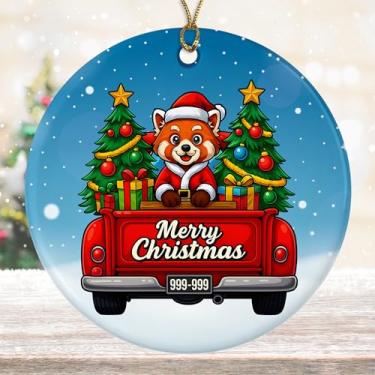 Imagem de DamienBrightGift Enfeite de Natal de Papai Noel Panda Vermelho - Caminhão Vermelho de Cerâmica com Decoração de Árvore - Presente de Lembrança de Feriado de Animal Bonito - Decoração de Natal