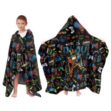 Imagem de Toalha de banho de videogame para crianças, toalha de banho infantil com capuz 127 x 101 cm, toalhas de praia com controle de jogo para meninos, toalhas infantis super absorventes com capuz flanela