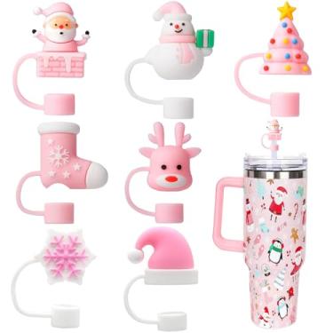 Imagem de ZERCEJC 7 peças de tampa de palha de Natal para copo Stanley, tampas de palha reutilizáveis de 10 mm compatíveis com copo de 30 e 1,134 g, capa de silicone para acessórios de copo Stanley