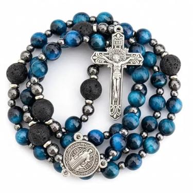 Imagem de Nazareth Store Rosário de olho de tigre azul para homens, colar de rosário católico com contas misteriosas de lava, colar de cruz de rosário forte em caixa de presente portátil, One Size, Pedra, Sem