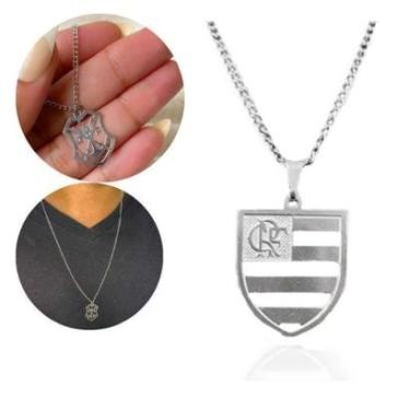 Imagem de Kit 2 Cordão Corrente Grumet 60cm Pingente Escudo Regata Flamengo Aço Inox Premium-Masculino