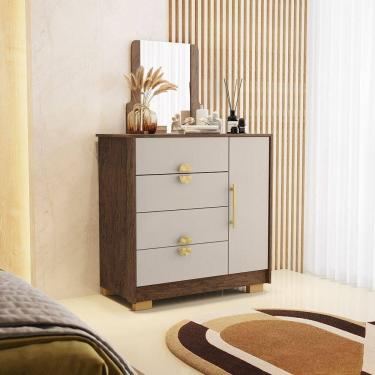 Imagem de Cômoda Quarto 95cm Com Espelho 1 Porta Kenia V01 - D`rossi Cor Imbuia E Fendi