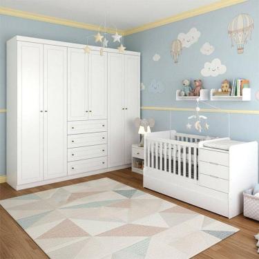 Imagem de Berço Multifuncional Cleo E Guarda Roupa Infantil 6 Portas Mississipi Ambiente Branco Fosco Com Colchão Gazin - Henn