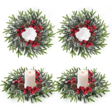 Imagem de 4 anéis de vela de Natal, guirlanda, mini mesa de Natal, centro de mesa, guirlandas de pinhas vermelhas para porta da frente, armário de cozinha, festas de férias, casa de fazenda, varanda, parede