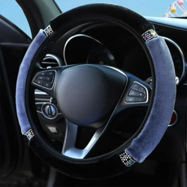 Imagem de Knonip Capa de Volante de 38 cm Capa de Pelúcia Colorida Brilhante Strass, Universal Stretch Fit para Carros, Inverno Quente Moda Auto Decor Protetor de Volante de Carro (Cinza)
