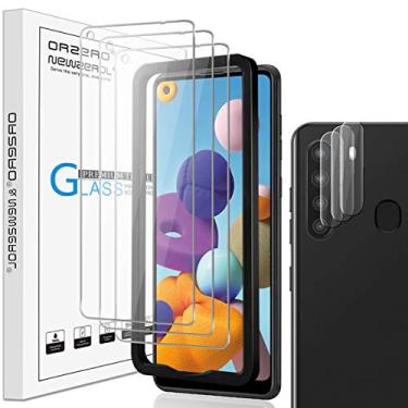 Imagem de Orzero Pacote com 3 protetores de tela + 3 protetores de lente de câmera (vidro temperado) compatível com Samsung Galaxy A21, com moldura de alinhamento antiarranhões e sem bolhas