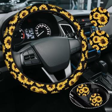 Imagem de Capa de volante floral amarelo girassol para mulheres e homens, antiderrapante de neoprene de alta elasticidade, acessórios de carro, capas de volante, universal de 38 cm para carros, SUVS, inclui 2