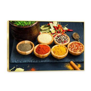 Imagem de NHLDZYH Moldura dourada. Arte de parede em tela de especiarias coloridas e colher de tempero | Decoração de cozinha vintage | Arte moderna para casa e sala de jantar. B26. 80 x 120 cm - 31,5 x 47,3