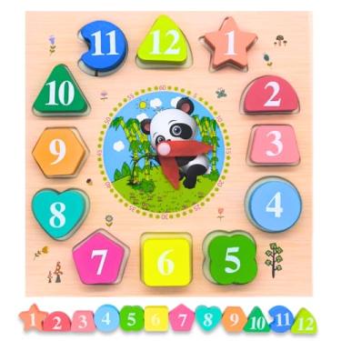 Imagem de Relógio Educativo de Madeira Infantil – Quebra-Cabeça de Encaixe com Números e Formas – Brinquedo para Aprender as Horas, Cores e Coordenação Motora (Panda)