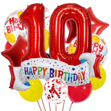 Imagem de Conjunto de decoração de aniversário de 10 anos vermelho, balão de 10 anos de coração, balão colorido de feliz aniversário de 10 anos para meninas, meninos, crianças, adultos, número vermelho, 10