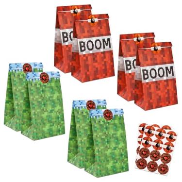 Imagem de 24 Sacolas de Presente com Tema Pixel, Sacolas para Doces e Lembrancinhas de Videogame com Adesivos Fechamento para Decoração Festa Aniversário Infantil (Estilo A)
