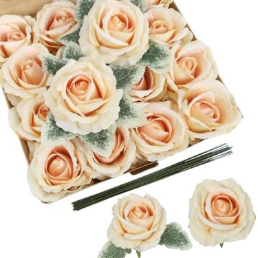 Imagem de IPOPU 16 peças de flores artificiais de rosa de veludo champanhe, 10 cm, grandes, flores de seda de toque real, para buquê de casamento, arranjos florais para decoração de festa em casa e jardim