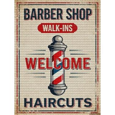 Imagem de UPABLUNSO Kits de pintura de diamante para adultos tesouras de poste de corte de cabelo, barbearia, pintura de boas-vindas, faça você mesmo, 5D, pinturas de pontos de diamante com diamantes, pedras