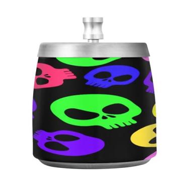 Imagem de Qilmy Cinzeiro de aço inoxidável de fantasmas e abóboras de Halloween com tampa - Cinzeiro de cigarro à prova de vento sem cheiro sem fumaça para casa, escritório, carro, pátio, varanda (uso interno e