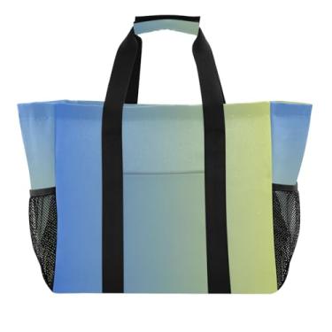 Imagem de ODAWA Bolsa de lona dobrável gradiente azul amarelo para academia e piscina, bolsa de praia impermeável dobrável