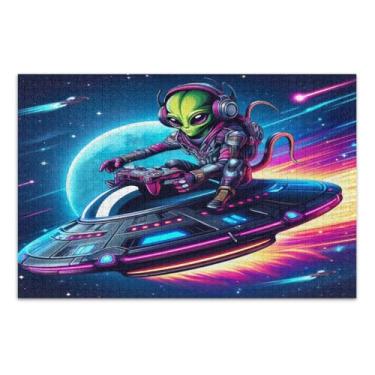 Imagem de Quebra-cabeça Alien Riding UFO adulto 1000 peças, quebra-cabeças grandes para adultos com letras nas costas
